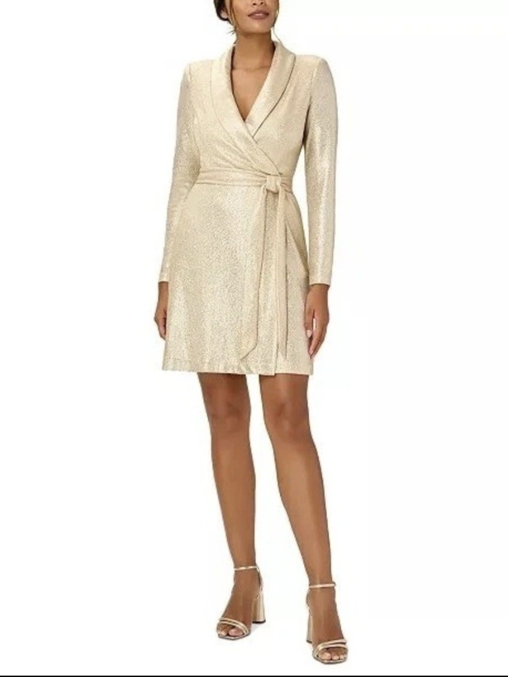 Adrianna‎ Papell Champagne Wrap Mini Dress with Long Sleeves